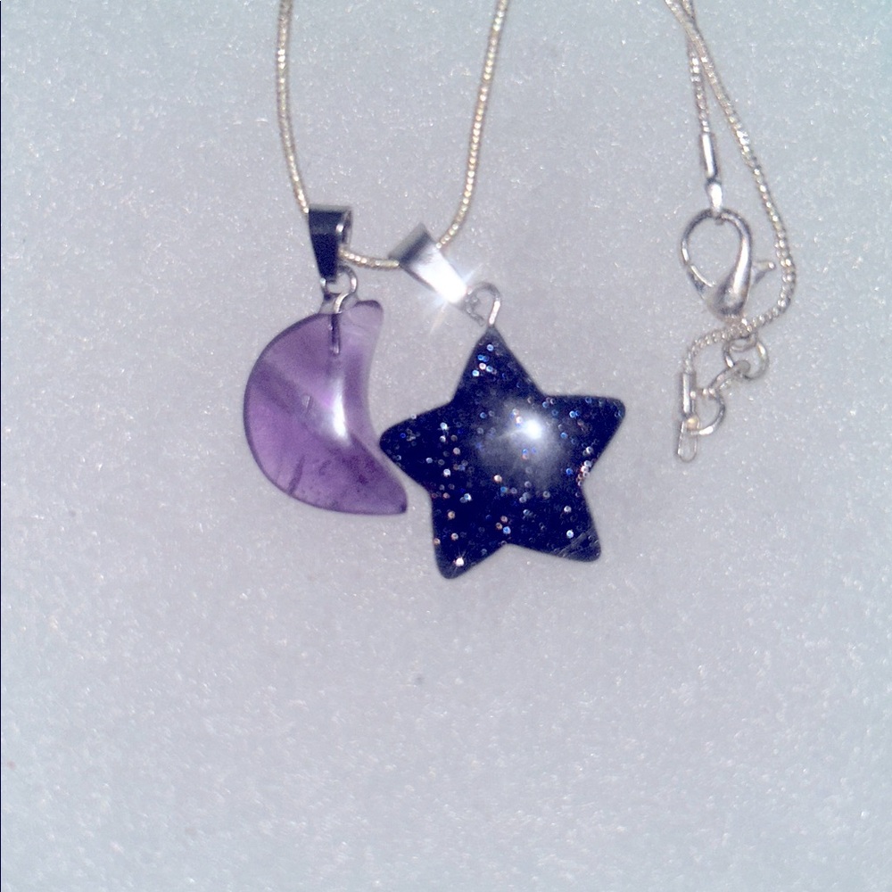 Blue Goldstone Crystal Star ⭐️ and Amethyst Moon 🌙 sterling silver neckl… - Picture 4 of 6